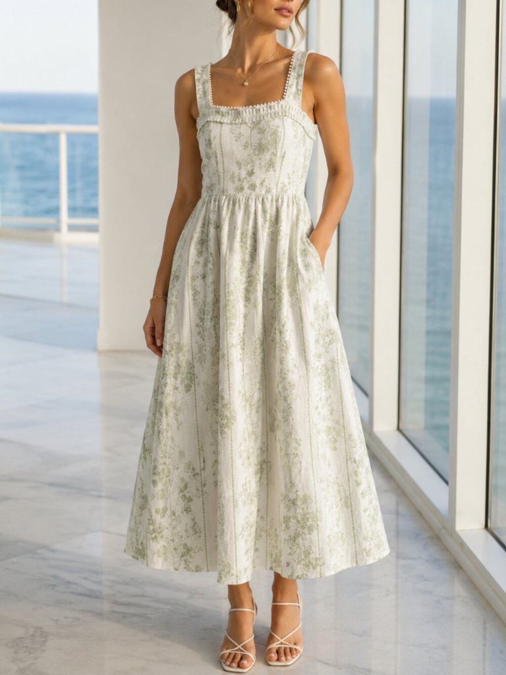 Caroline Constas NWT Pearl Linen Blend Midi Dress M Mint Floral $395